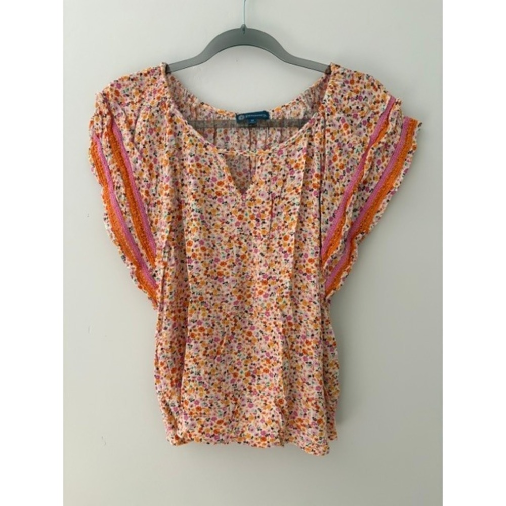 Democracy Womens Floral Flutter Sleeve Blouse Orange Pink Ditsy Boho Top M